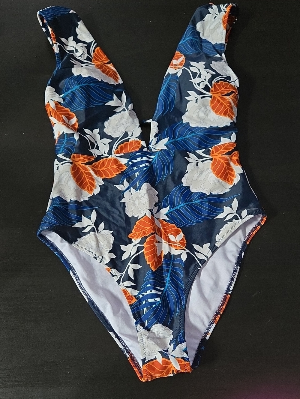 Cupshe Navy One-Piece Swimsuit with Orange and White Floral Print. Padded.